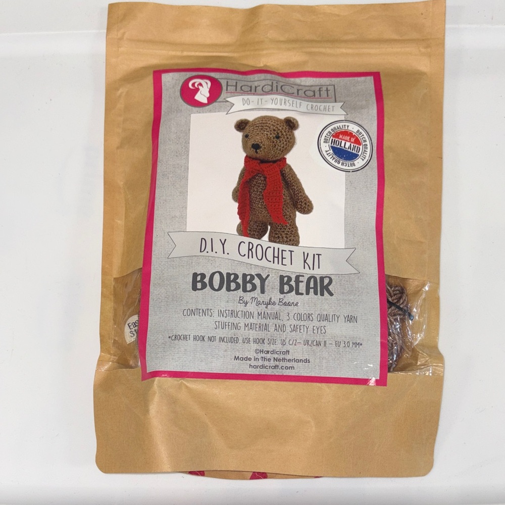 NEW Hardicraft D.I.Y. Crochet Kit - Bobby Bear (Brown with Red Scarf)